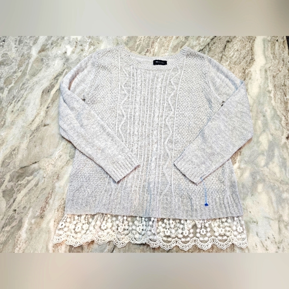 AB Studio Gray Cable Knit Sweater Small Lace Hem Feminine Pullover Soft Cozy